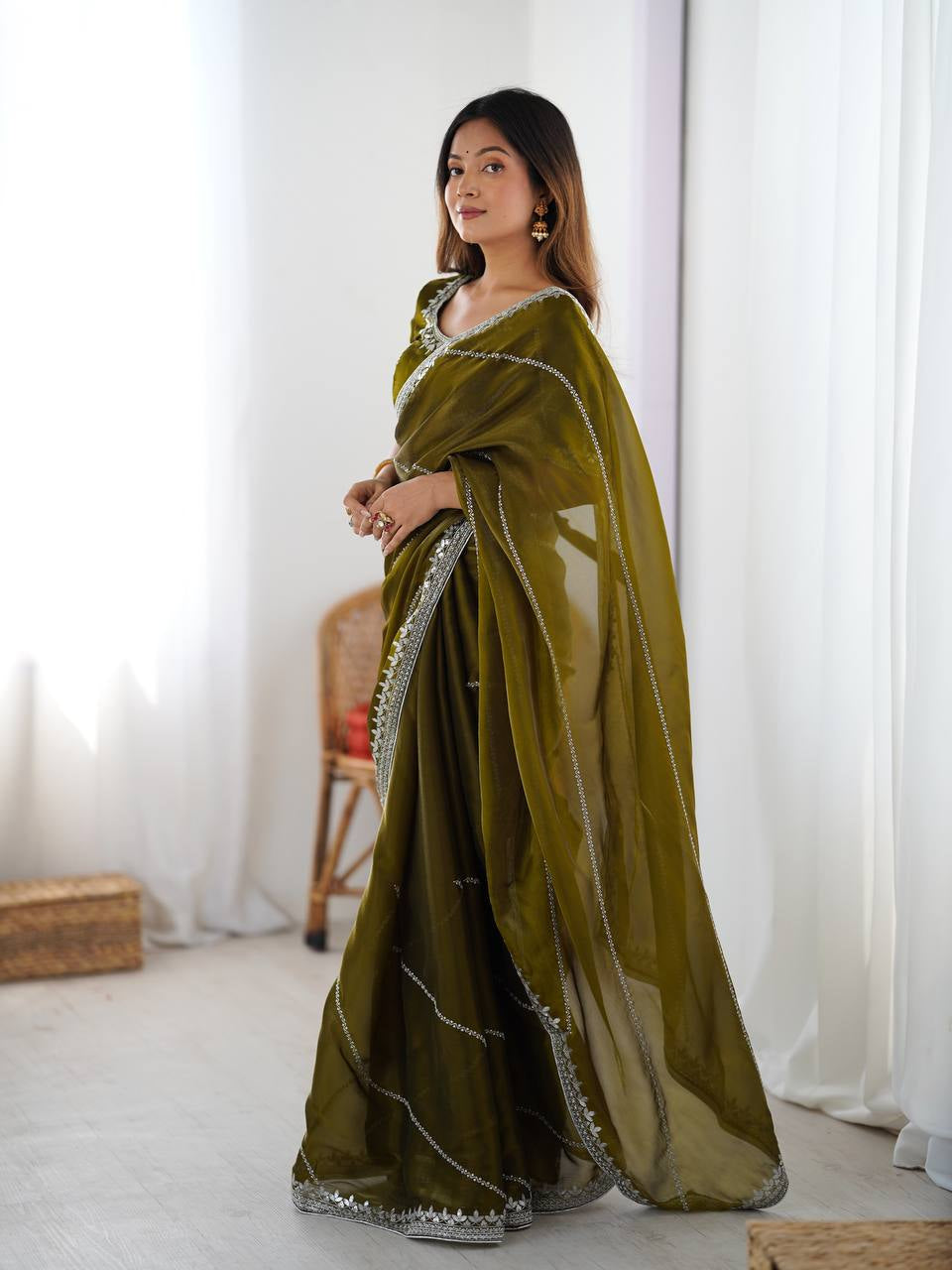 Womenline Elegant Olive Green Saree with Silver Sequin Border & Blouse