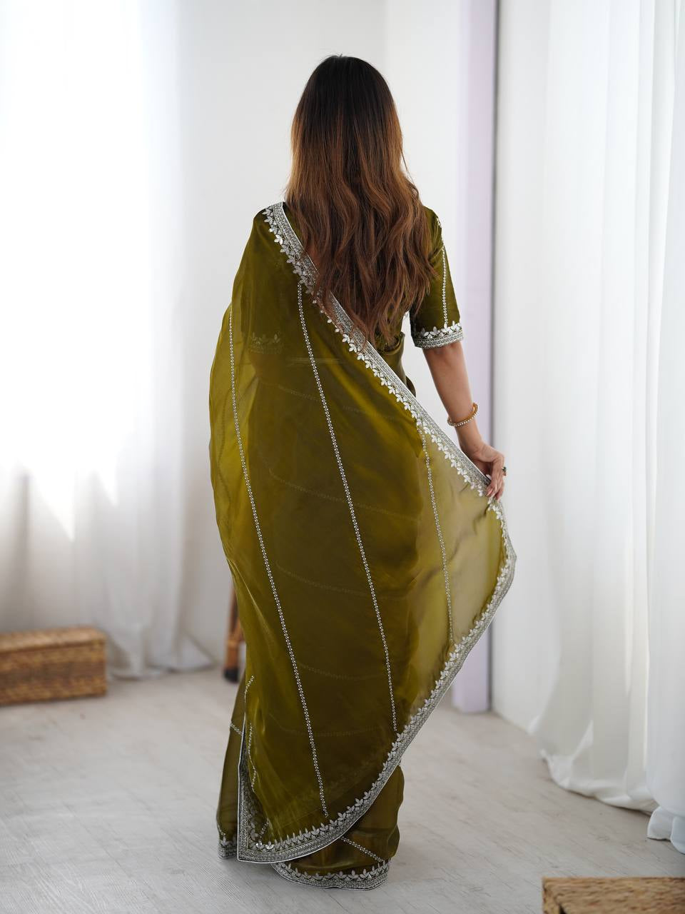 Womenline Elegant Olive Green Saree with Silver Sequin Border & Blouse