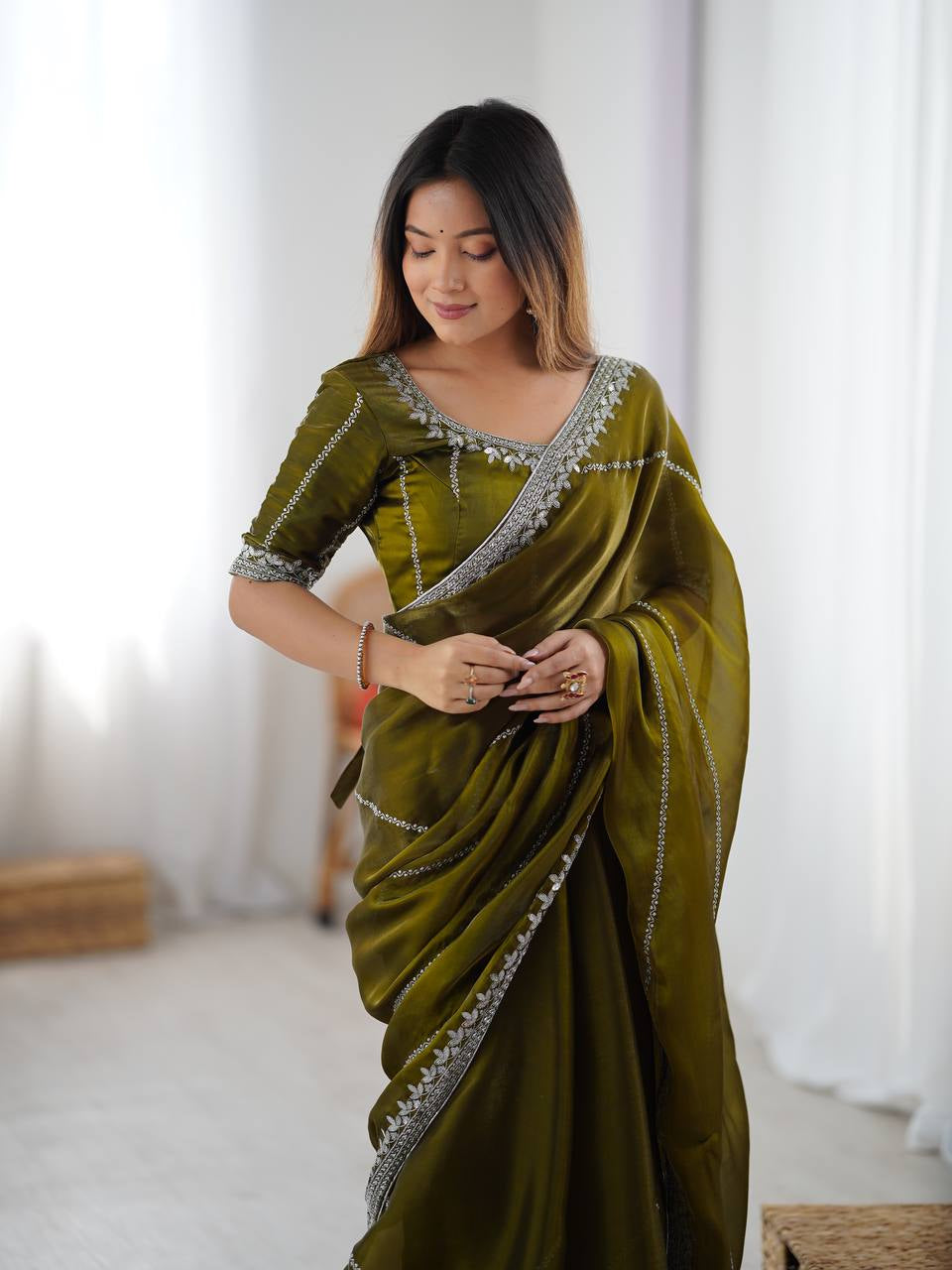 Womenline Elegant Olive Green Saree with Silver Sequin Border & Blouse