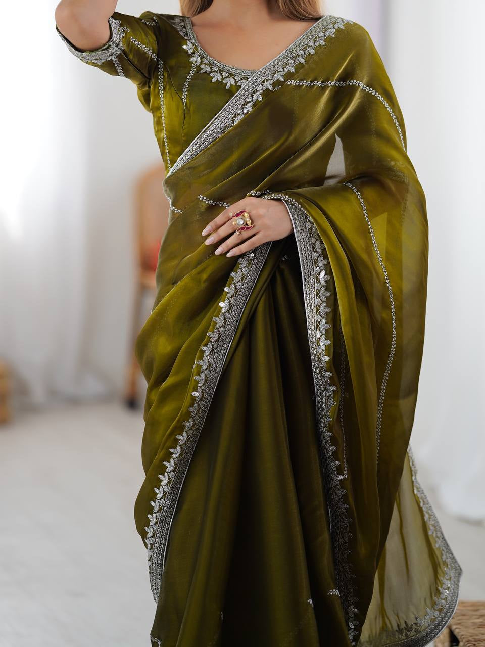 Womenline Elegant Olive Green Saree with Silver Sequin Border & Blouse