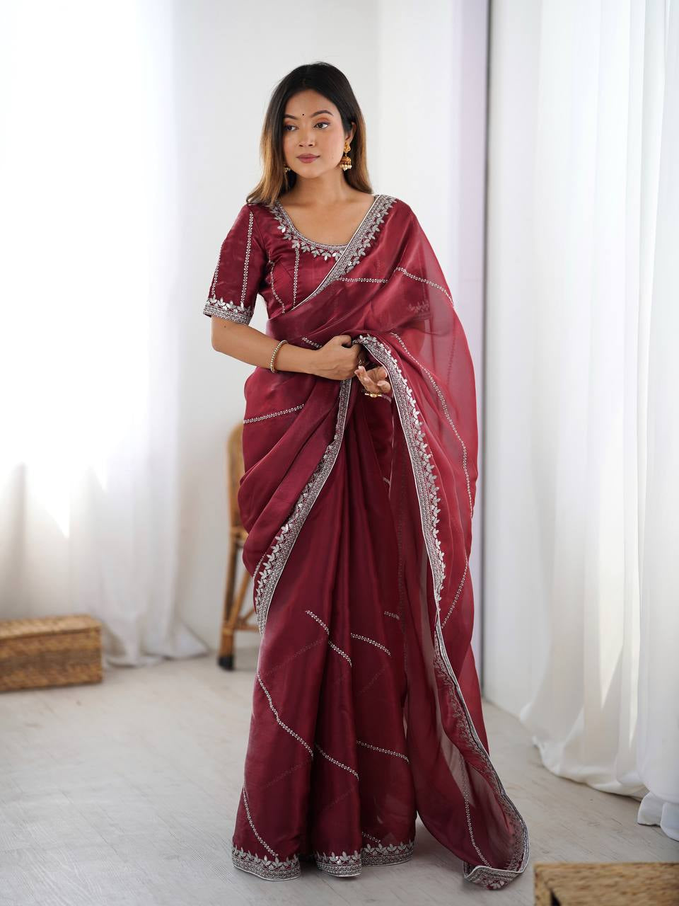Womenline Elegant Wine Maroon Saree with Silver Sequin Border & Blouse