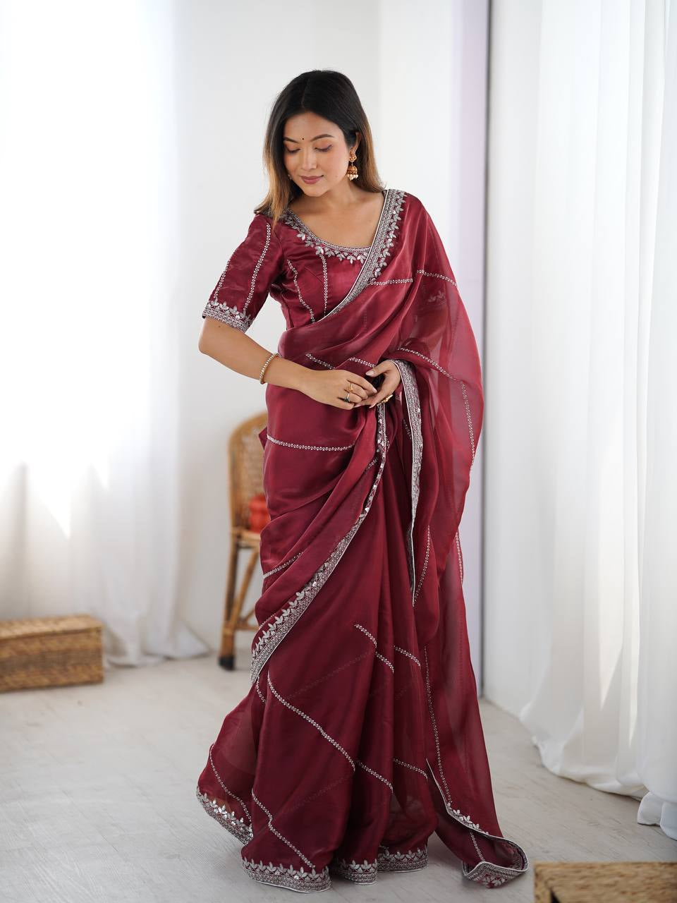 Womenline Elegant Wine Maroon Saree with Silver Sequin Border & Blouse