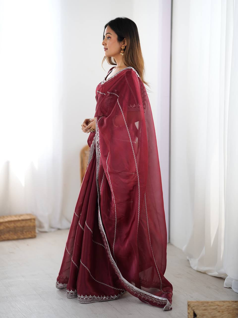 Womenline Elegant Wine Maroon Saree with Silver Sequin Border & Blouse