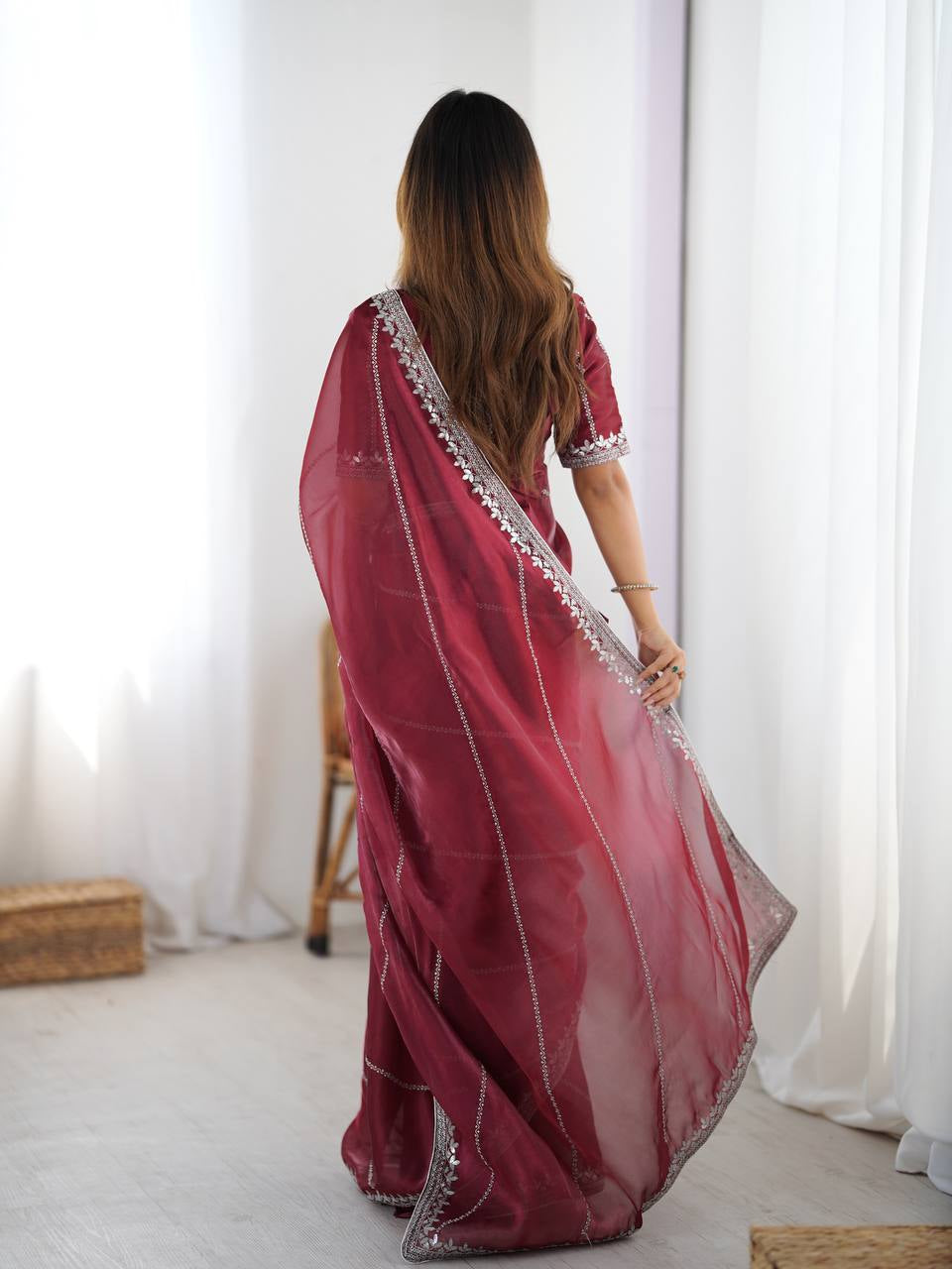 Womenline Elegant Wine Maroon Saree with Silver Sequin Border & Blouse