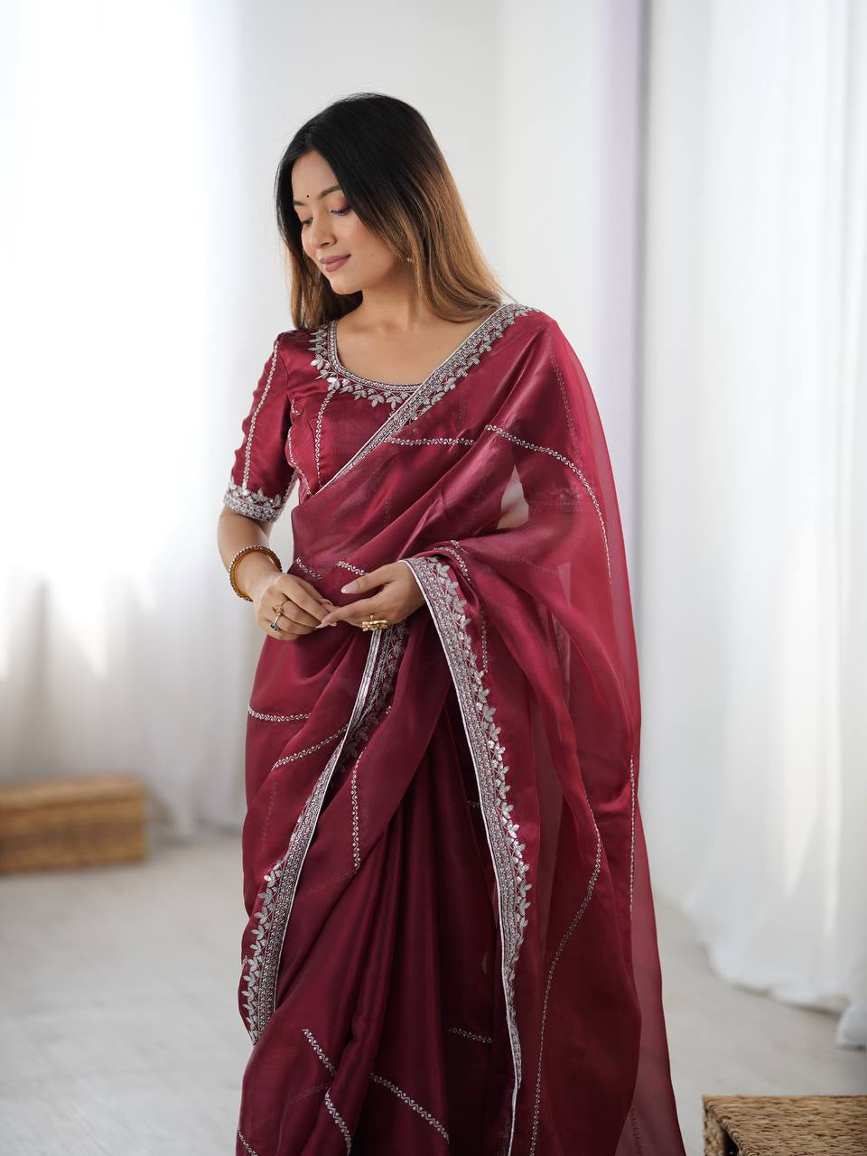 Womenline Elegant Wine Maroon Saree with Silver Sequin Border & Blouse