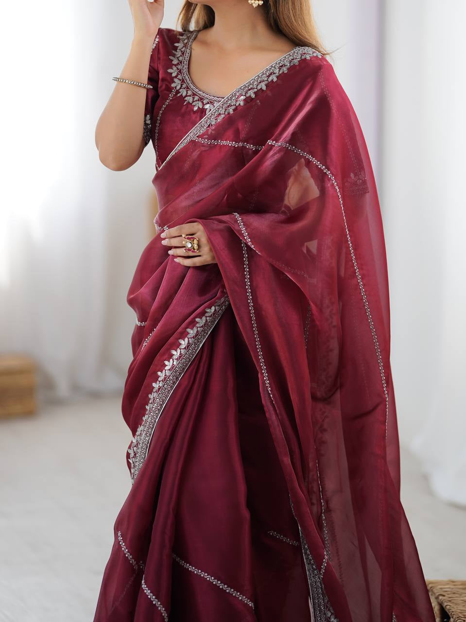 Womenline Elegant Wine Maroon Saree with Silver Sequin Border & Blouse