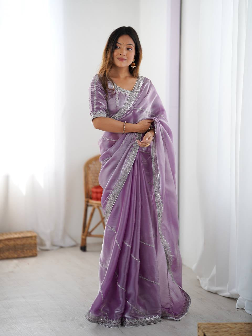 Womenline Elegant Lavender Purple Saree with Silver Sequin Border & Blouse
