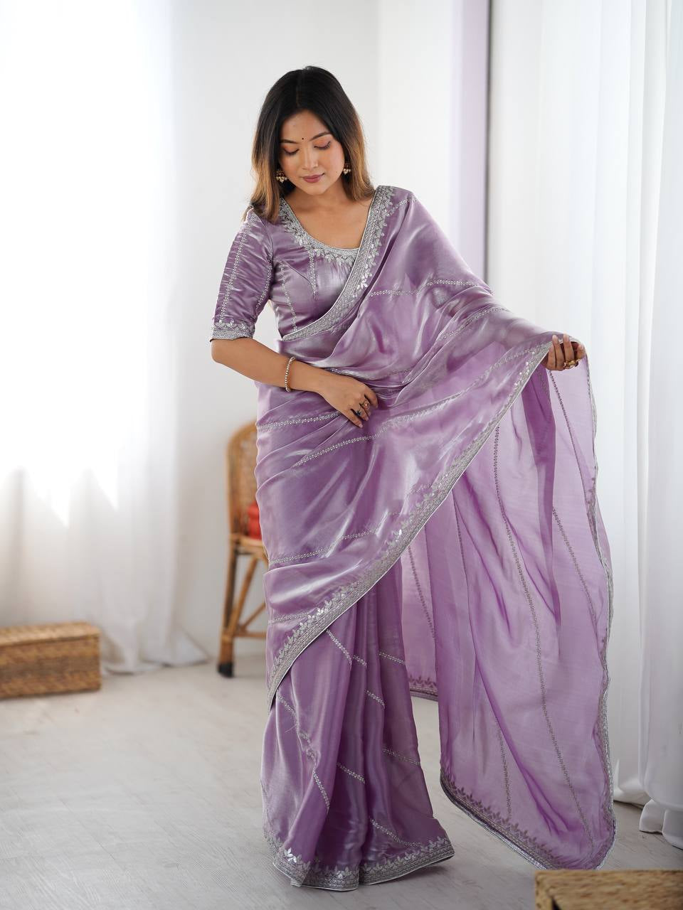 Womenline Elegant Lavender Purple Saree with Silver Sequin Border & Blouse