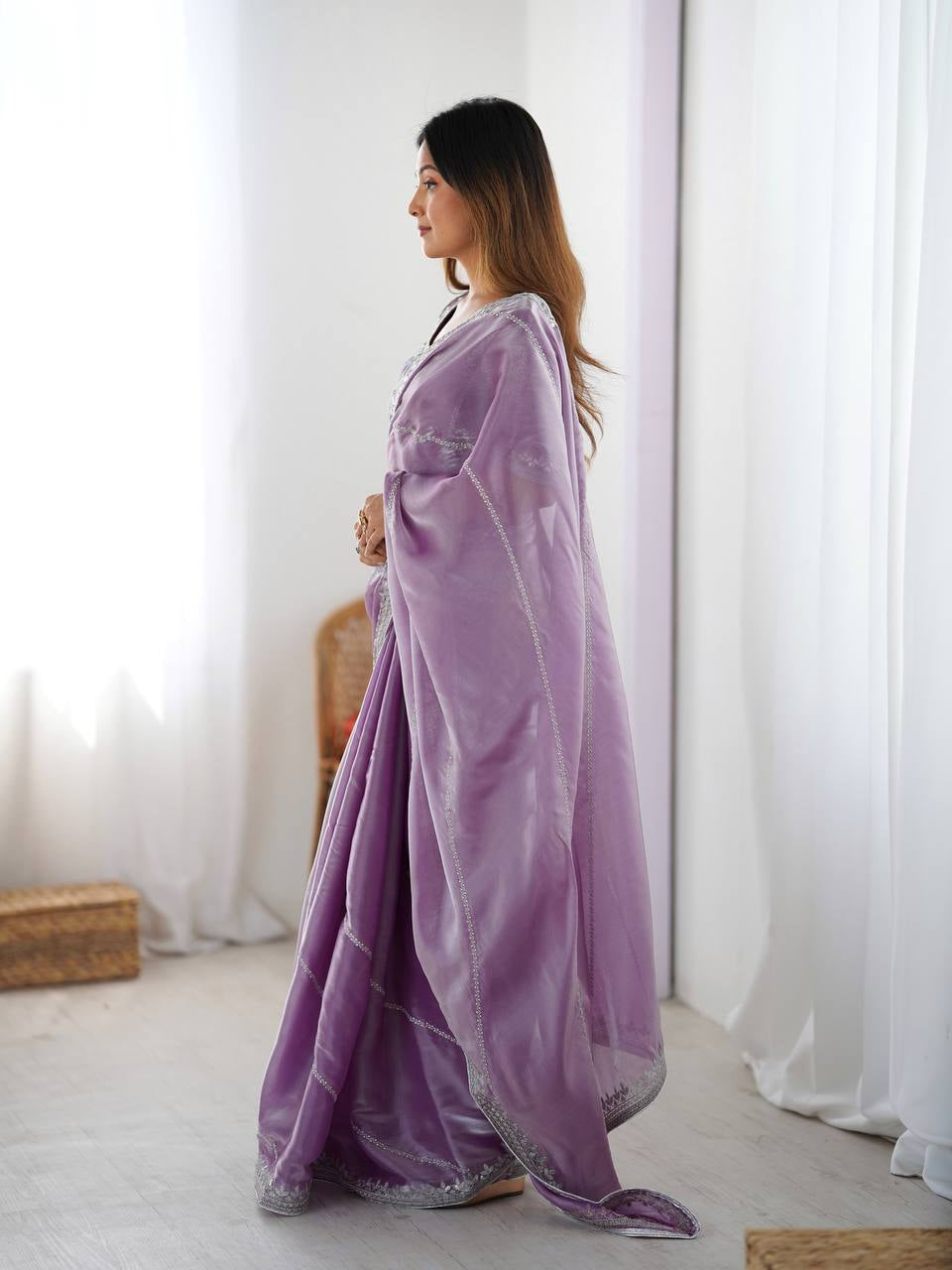 Womenline Elegant Lavender Purple Saree with Silver Sequin Border & Blouse