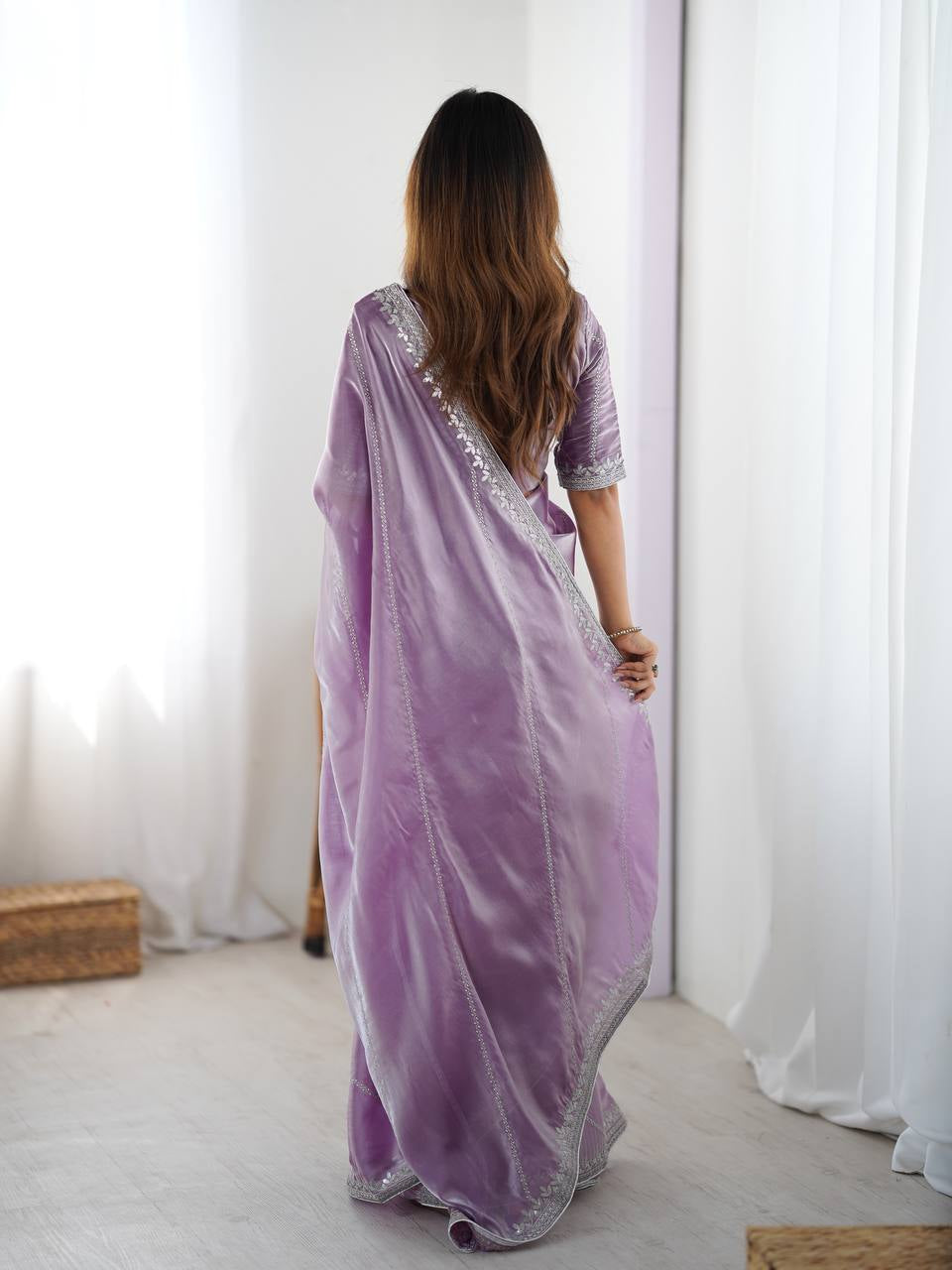 Womenline Elegant Lavender Purple Saree with Silver Sequin Border & Blouse