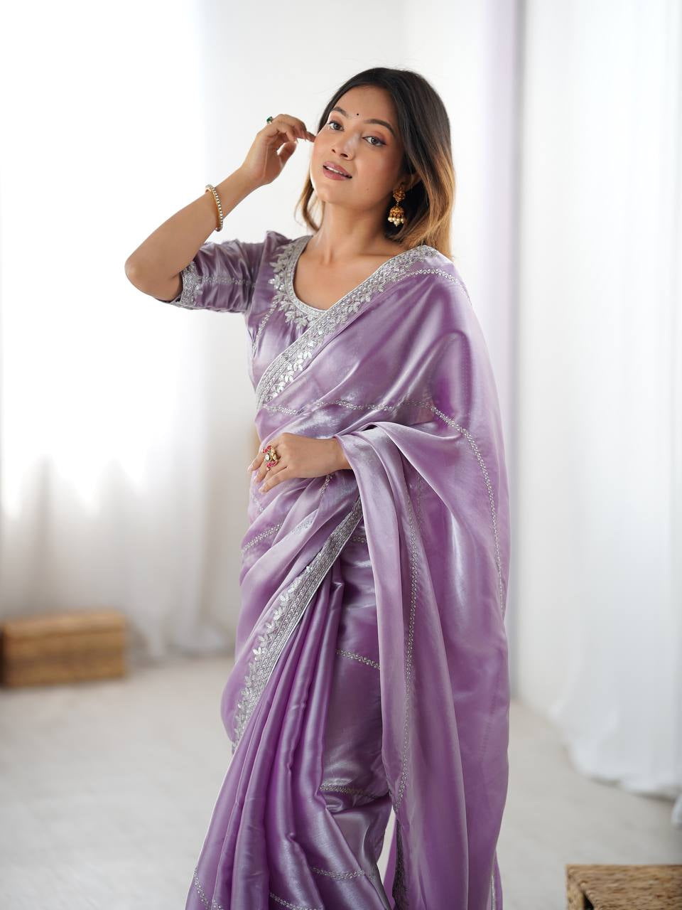 Womenline Elegant Lavender Purple Saree with Silver Sequin Border & Blouse