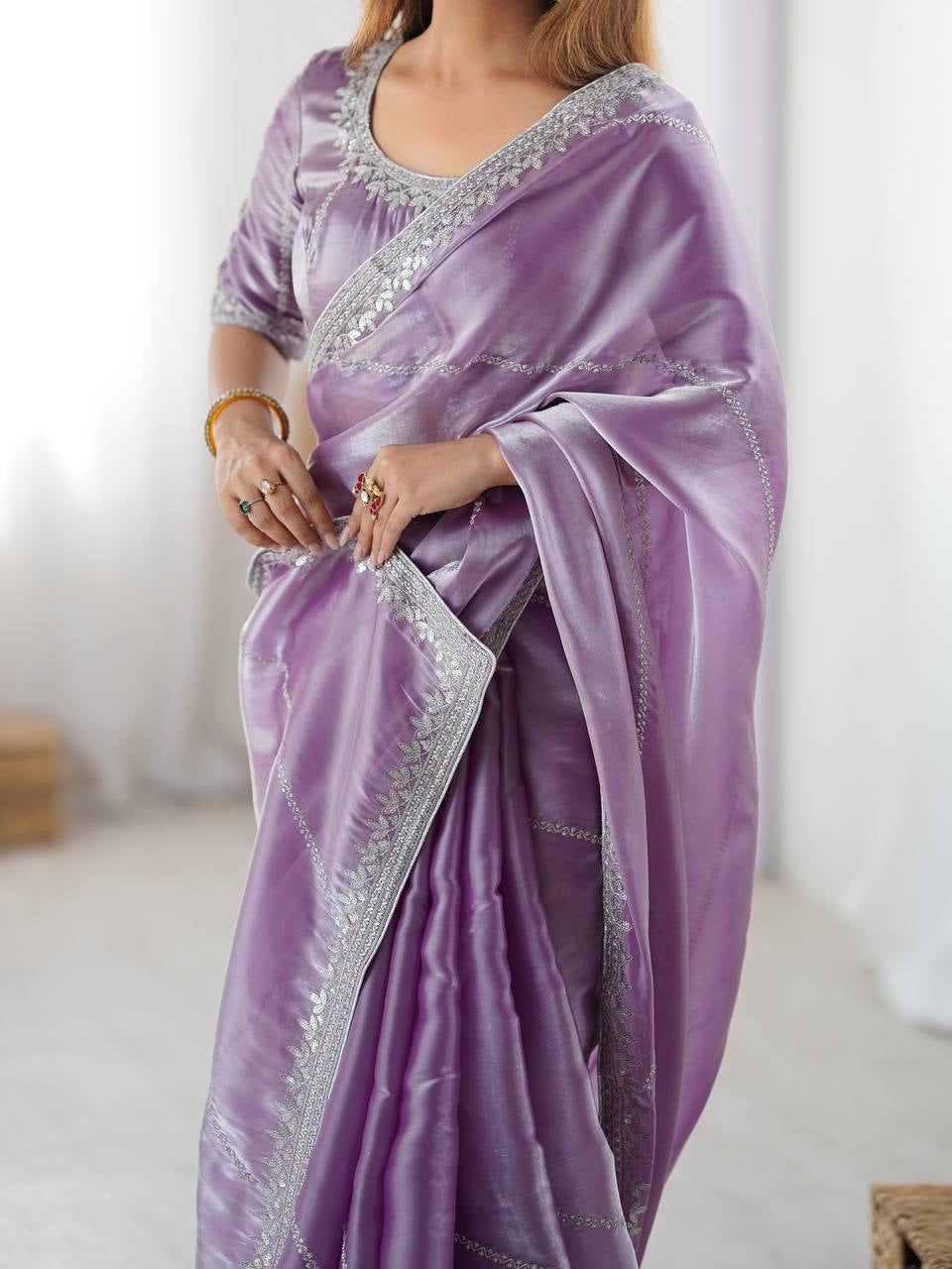 Womenline Elegant Lavender Purple Saree with Silver Sequin Border & Blouse