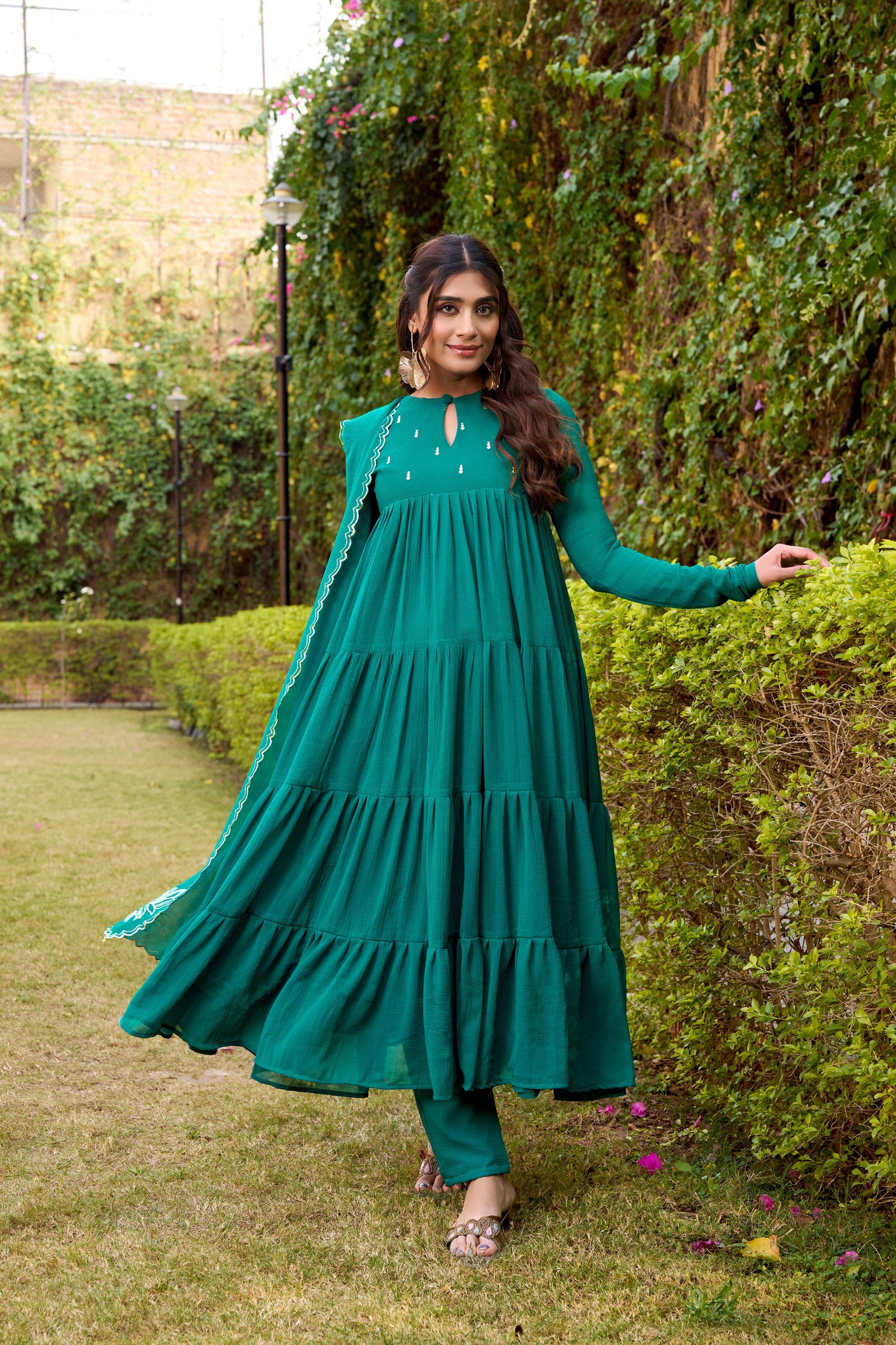 Womenline Teal Green Color Marble Three Piece Anarkali Suit