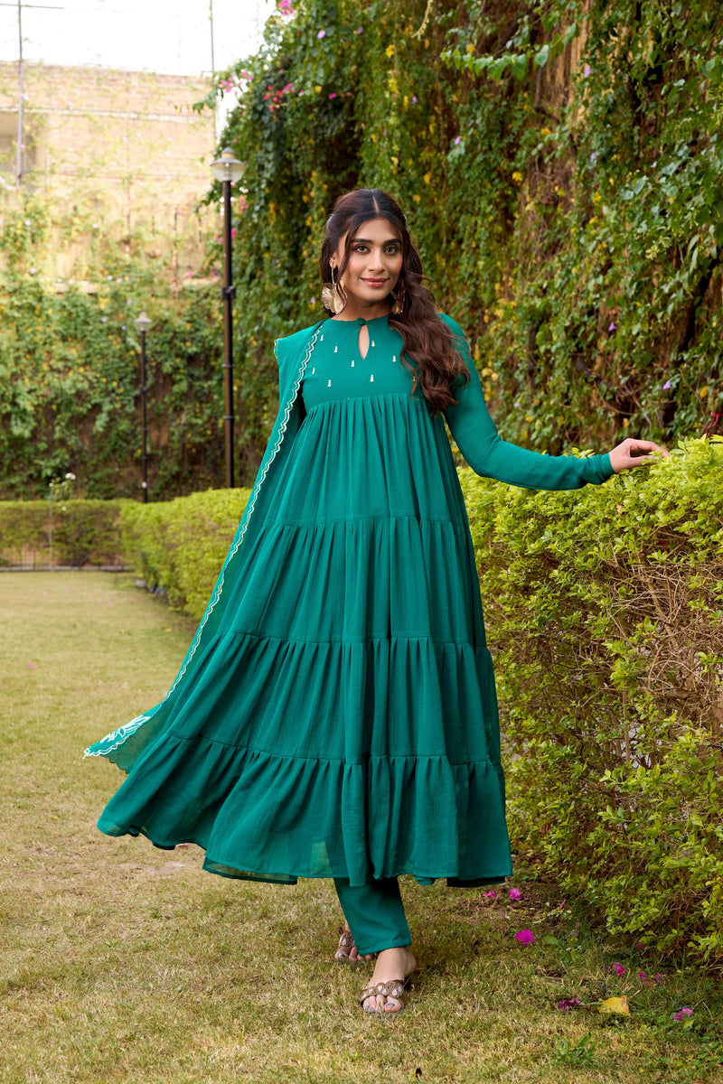 Womenline Teal Green Color Marble Three Piece Anarkali Suit
