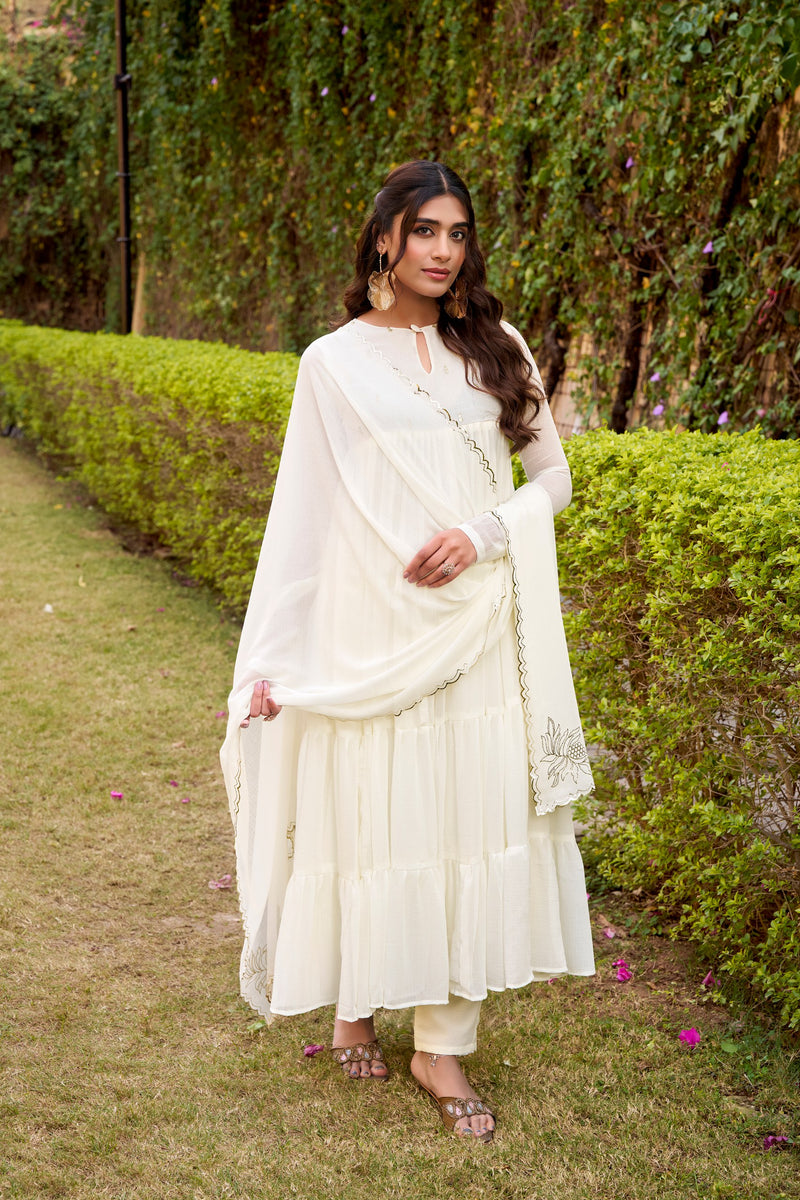 Womenline Off-White Color Marble Three Piece Anarkali Suit