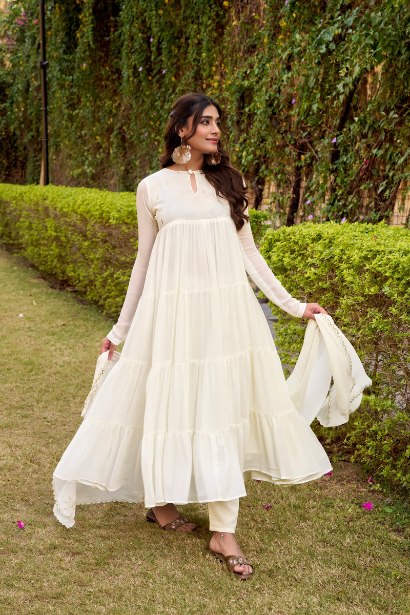 Womenline Off-White Color Marble Three Piece Anarkali Suit