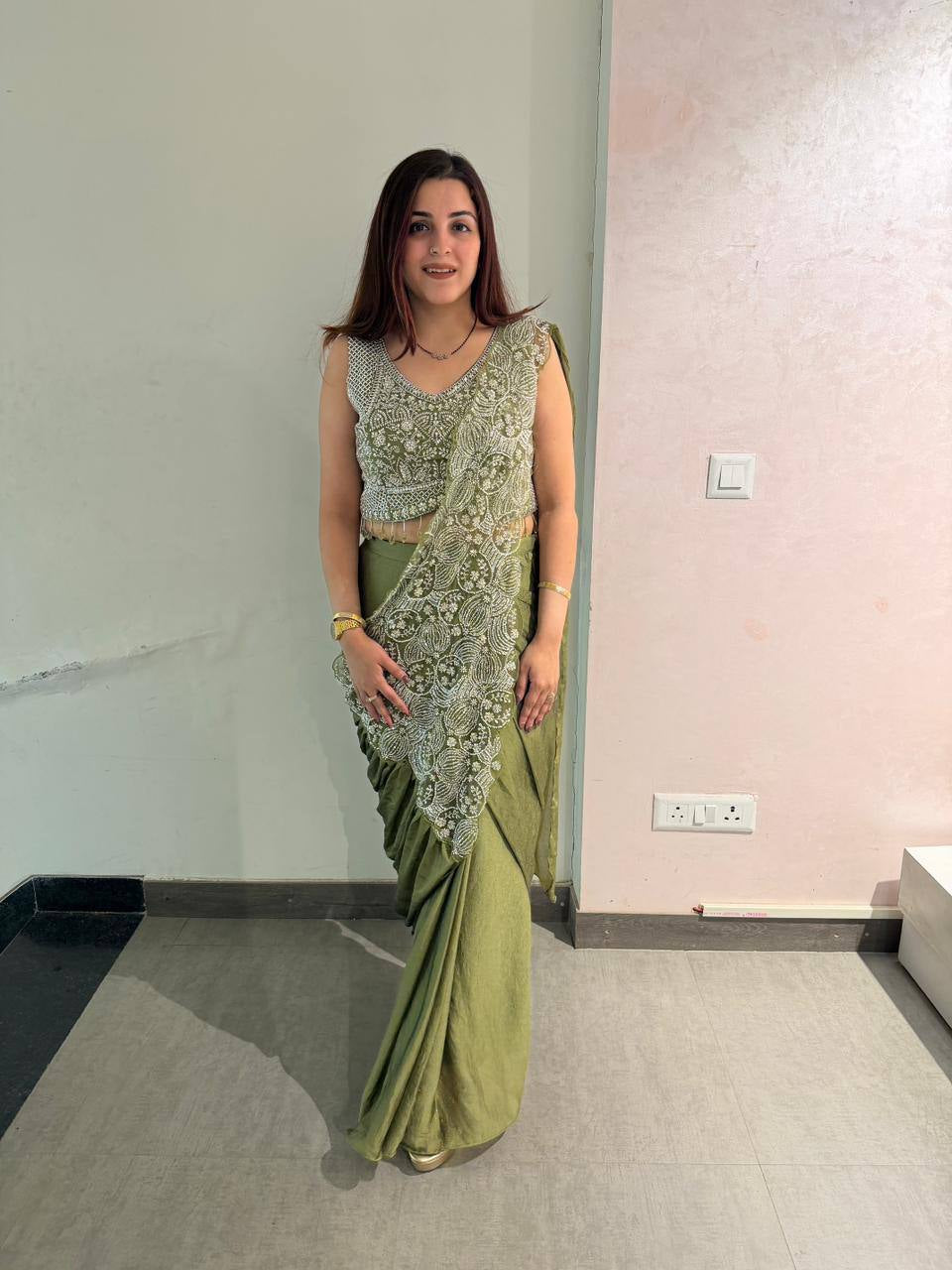 Womenline Pastel Olive Green Embroidered Pre-Draped Saree Set with Designer Blouse
