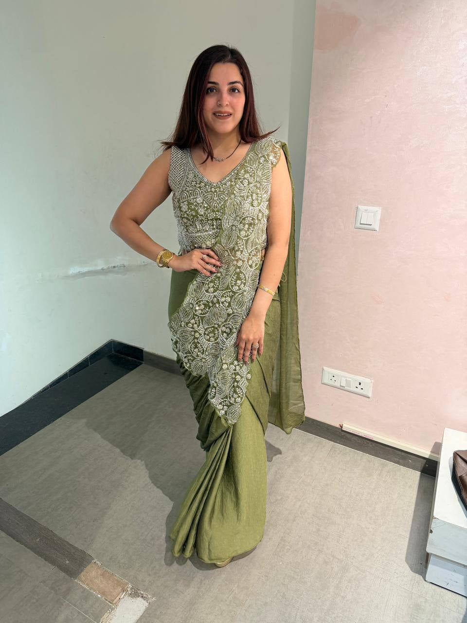 Womenline Pastel Olive Green Embroidered Pre-Draped Saree Set with Designer Blouse
