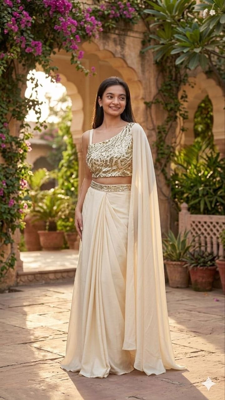 Womenline Ivory Embroidered Pre-Draped Saree Set with Designer Blouse