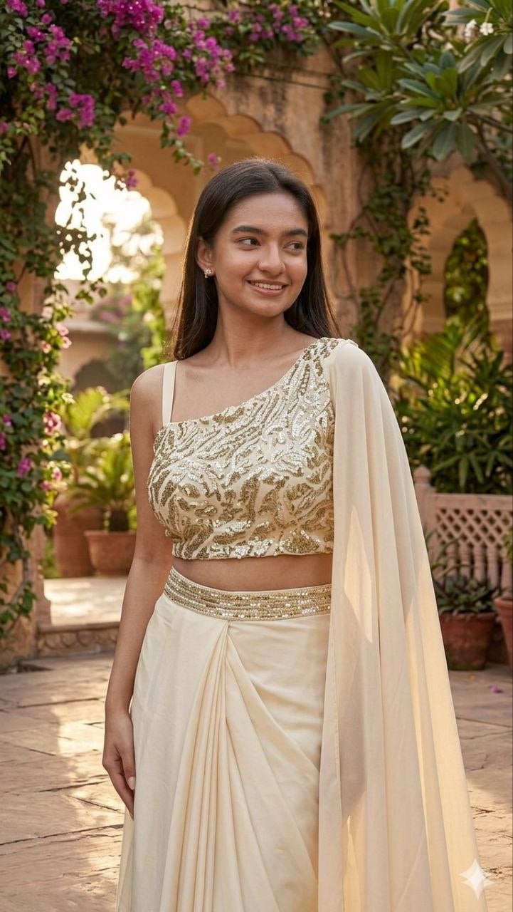 Womenline Ivory Embroidered Pre-Draped Saree Set with Designer Blouse