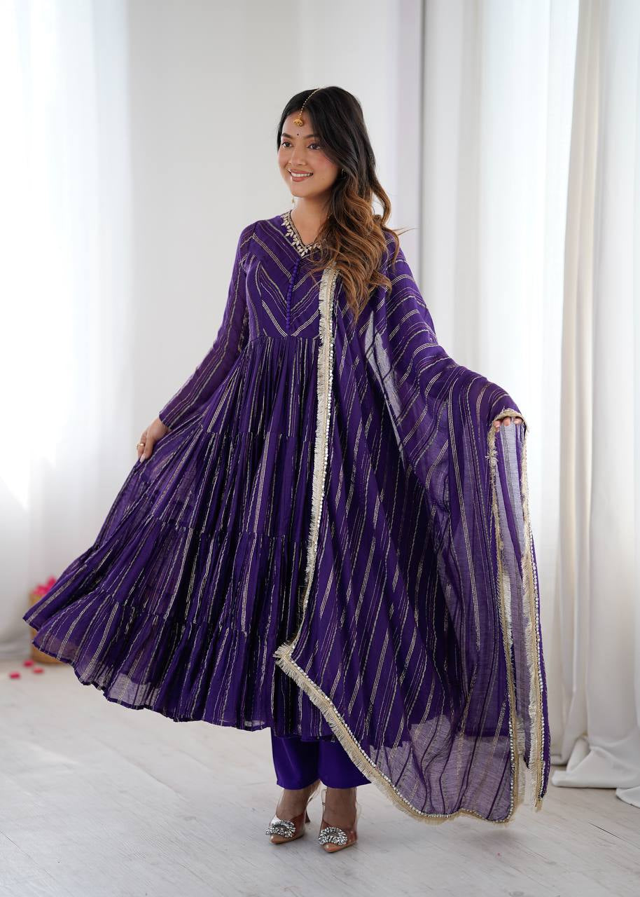 Womenline Deep Purple Shimmer Tiered Anarkali Set with Dupatta