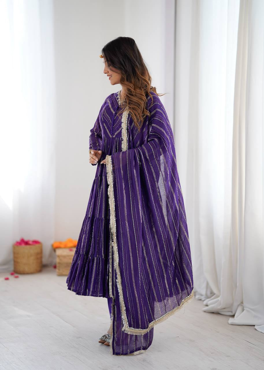 Womenline Deep Purple Shimmer Tiered Anarkali Set with Dupatta