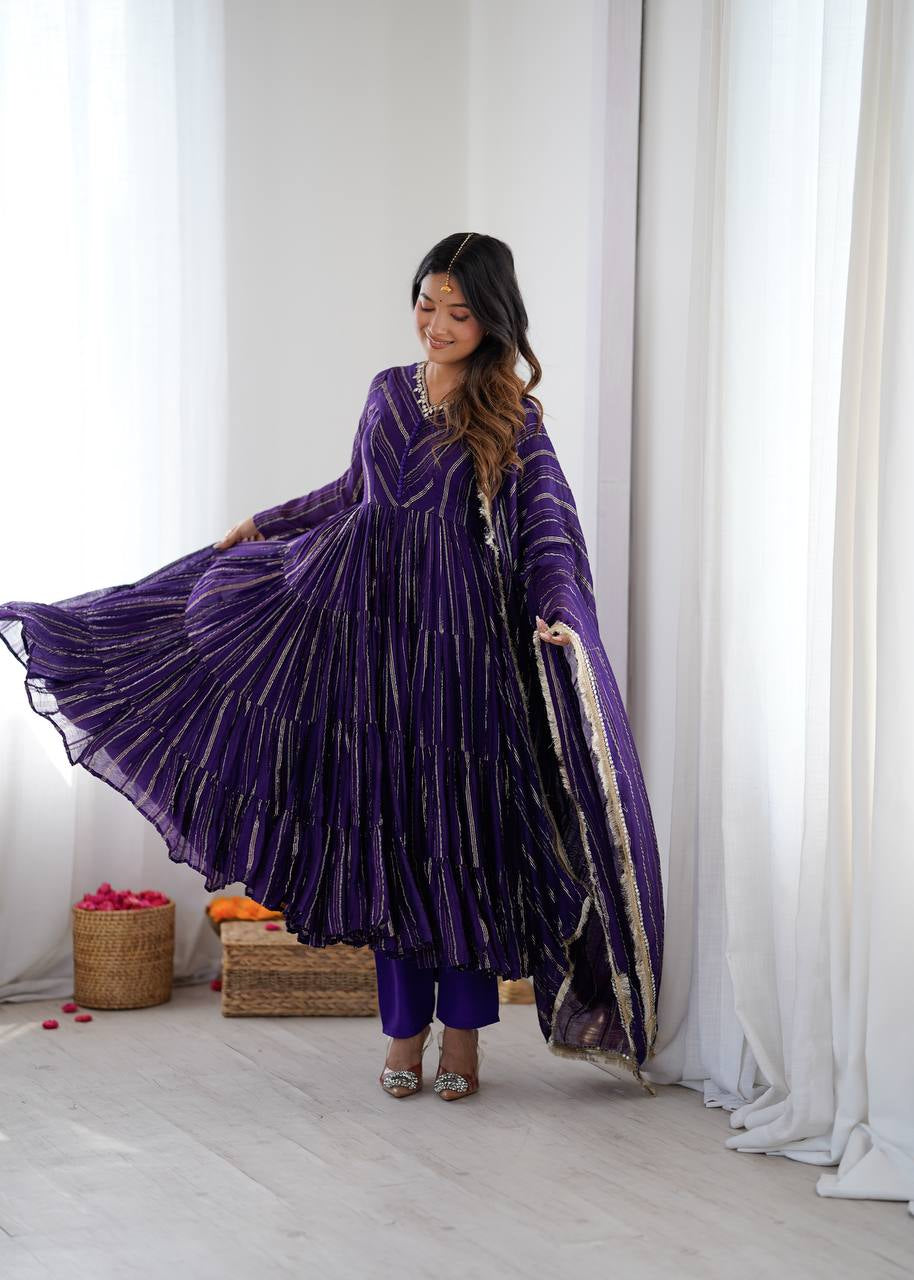 Womenline Deep Purple Shimmer Tiered Anarkali Set with Dupatta