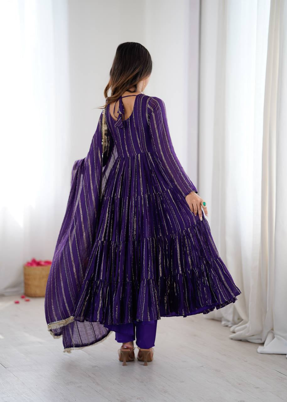 Womenline Deep Purple Shimmer Tiered Anarkali Set with Dupatta