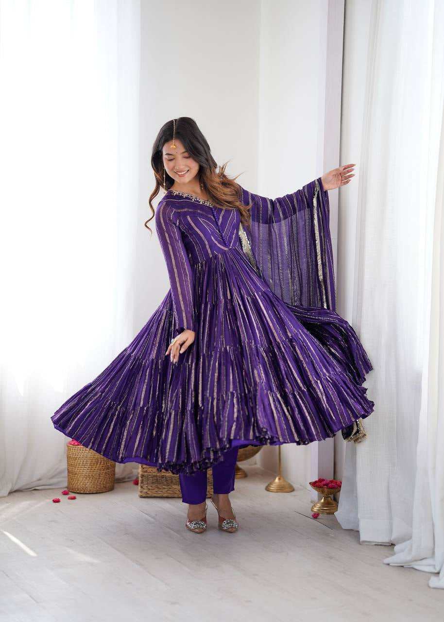 Womenline Deep Purple Shimmer Tiered Anarkali Set with Dupatta