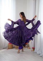 Womenline Deep Purple Shimmer Tiered Anarkali Set with Dupatta