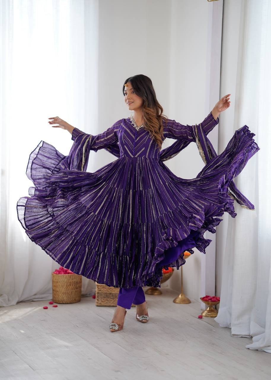 Womenline Deep Purple Shimmer Tiered Anarkali Set with Dupatta