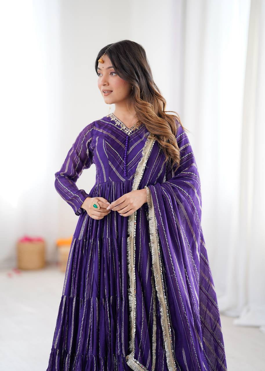 Womenline Deep Purple Shimmer Tiered Anarkali Set with Dupatta