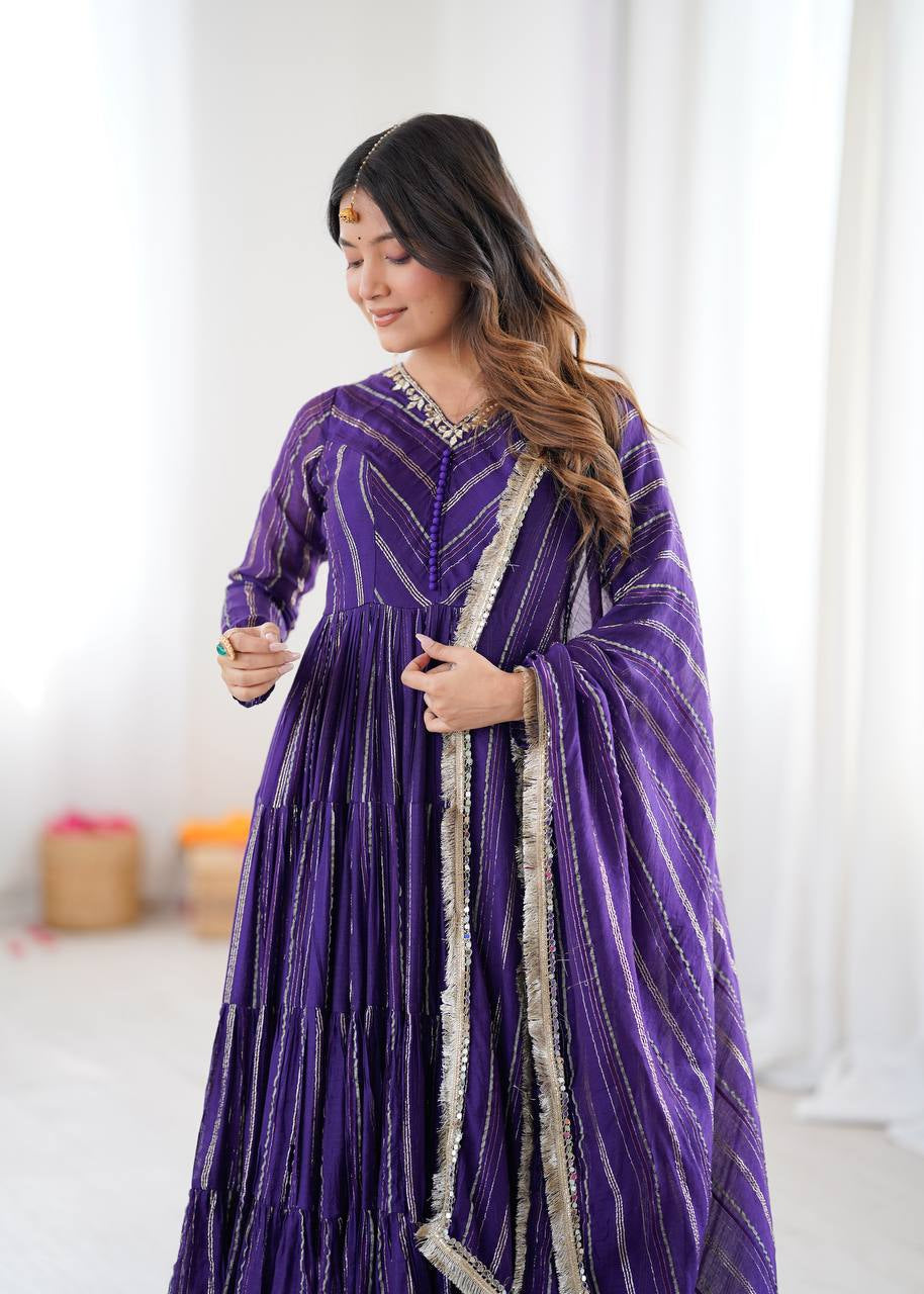 Womenline Deep Purple Shimmer Tiered Anarkali Set with Dupatta