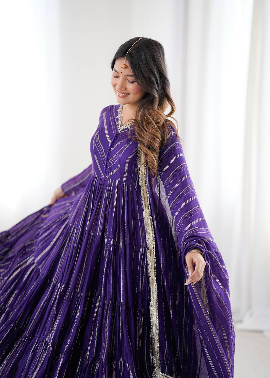 Womenline Deep Purple Shimmer Tiered Anarkali Set with Dupatta