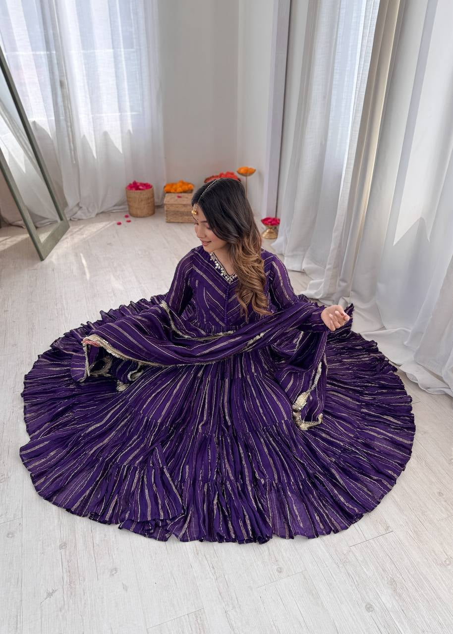 Womenline Deep Purple Shimmer Tiered Anarkali Set with Dupatta