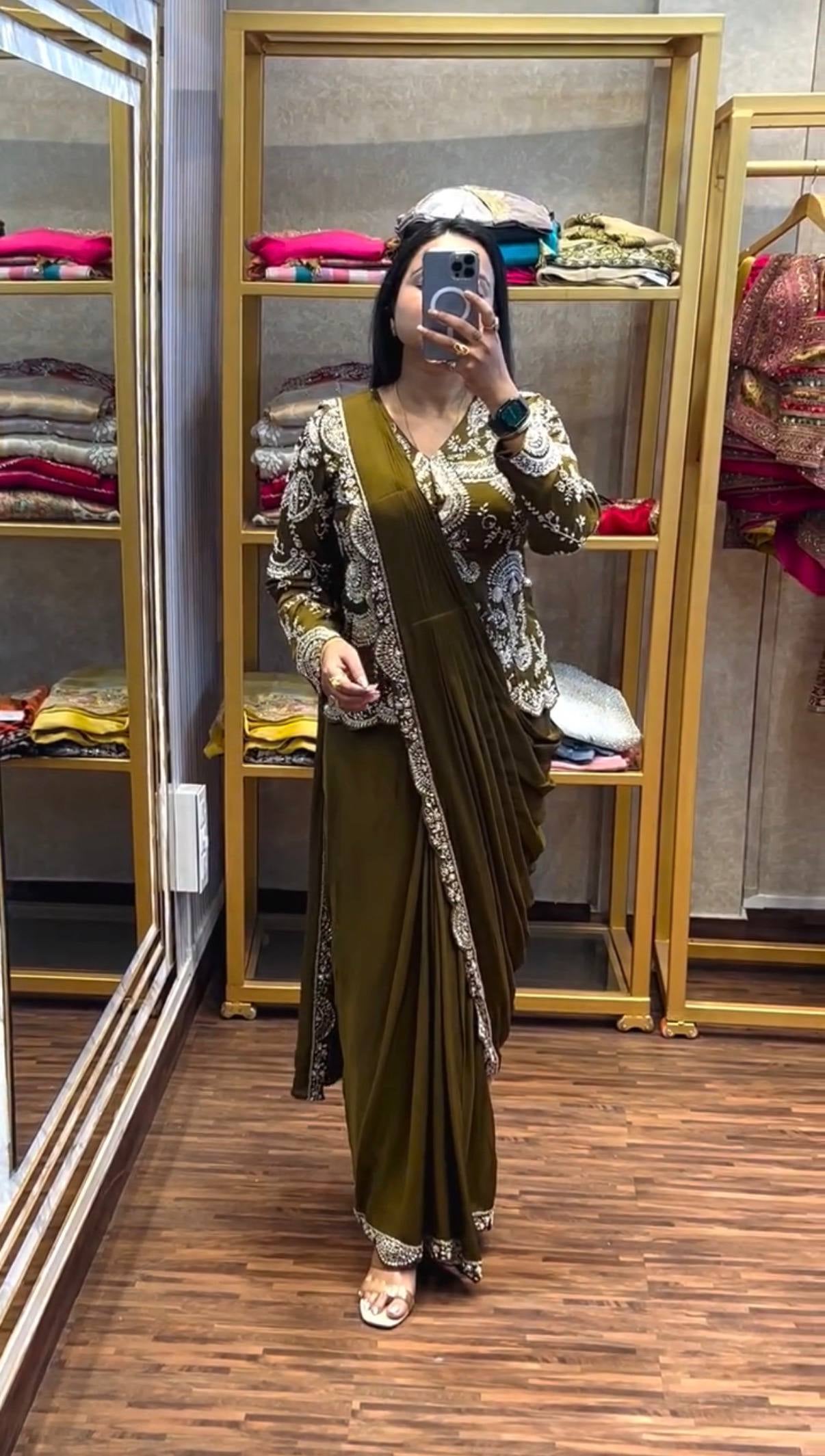 Womenline Olive Green Embroidered Pre-Draped Saree Set with Statement Jacket Blouse