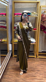 Womenline Olive Green Embroidered Pre-Draped Saree Set with Statement Jacket Blouse