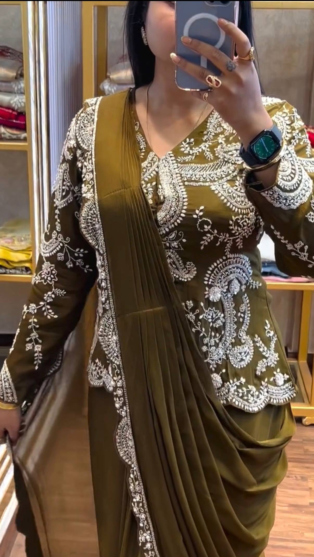 Womenline Olive Green Embroidered Pre-Draped Saree Set with Statement Jacket Blouse