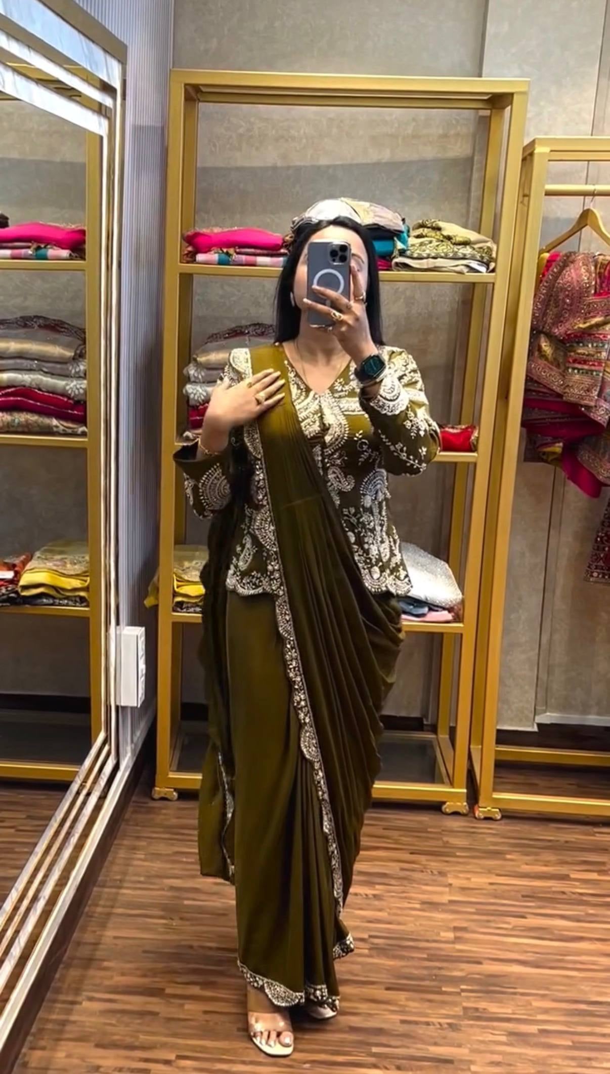 Womenline Olive Green Embroidered Pre-Draped Saree Set with Statement Jacket Blouse