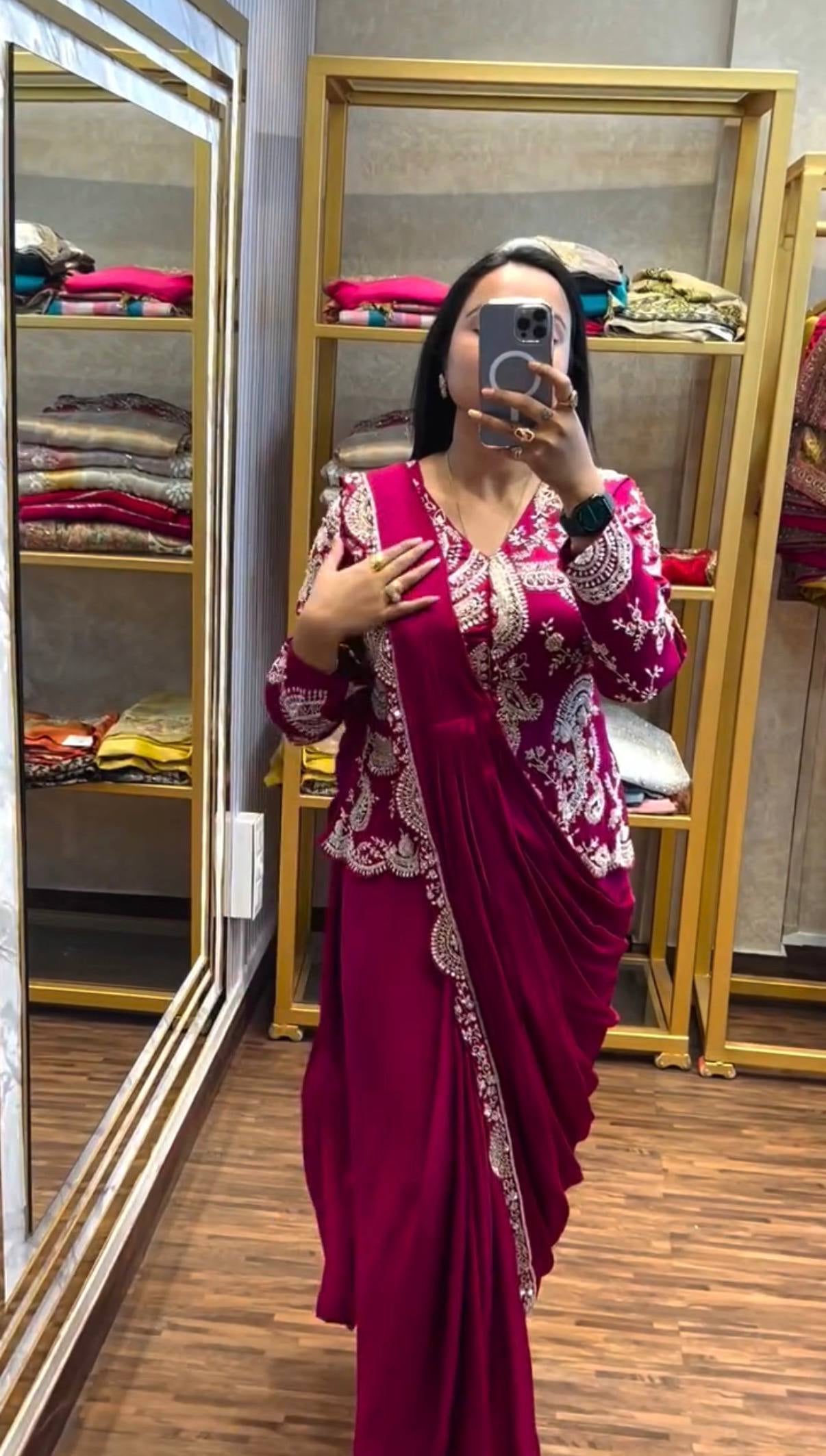 Womenline Wine Red Embroidered Pre-Draped Saree Set with Designer Jacket Blouse