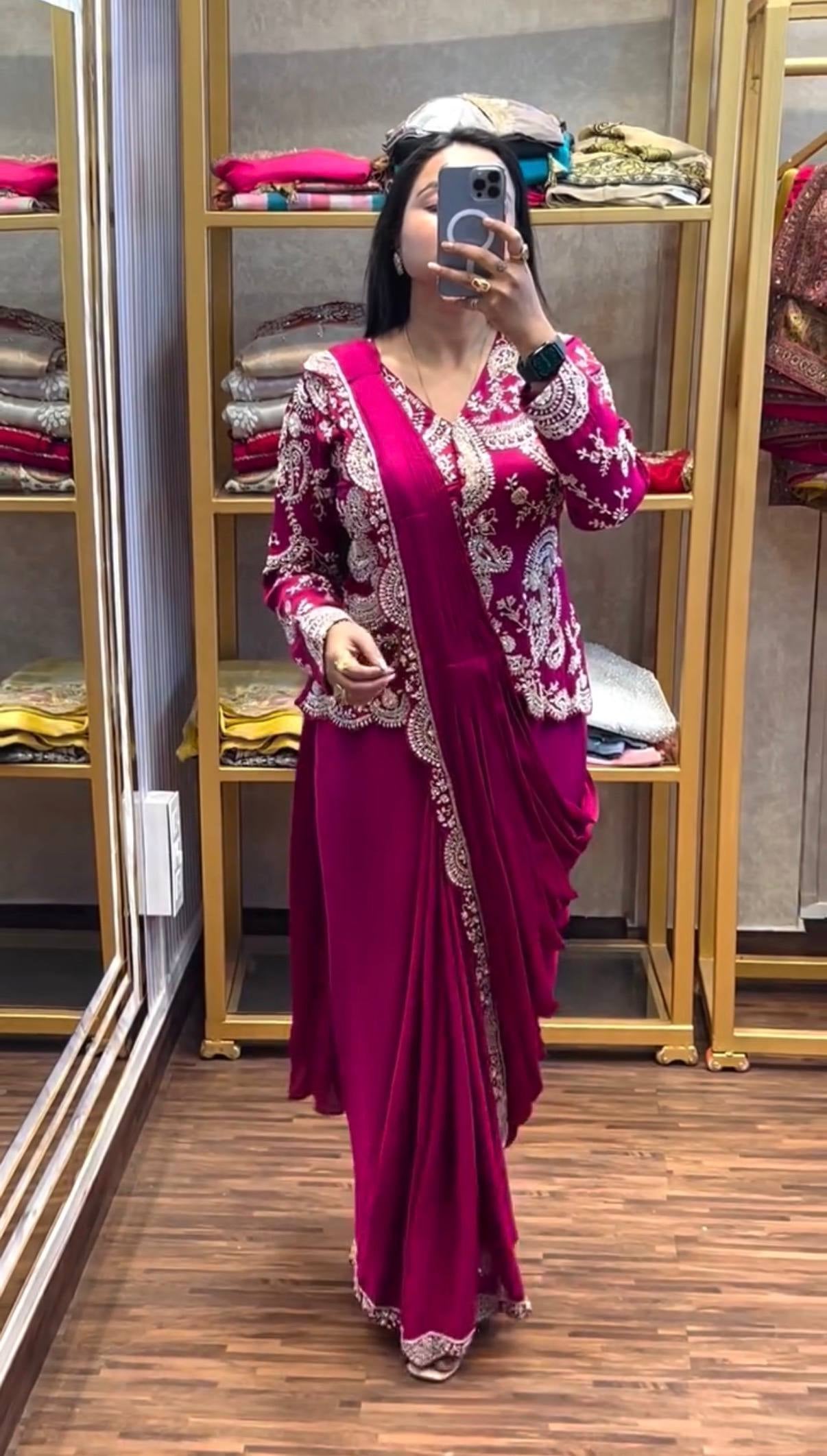Womenline Wine Red Embroidered Pre-Draped Saree Set with Designer Jacket Blouse
