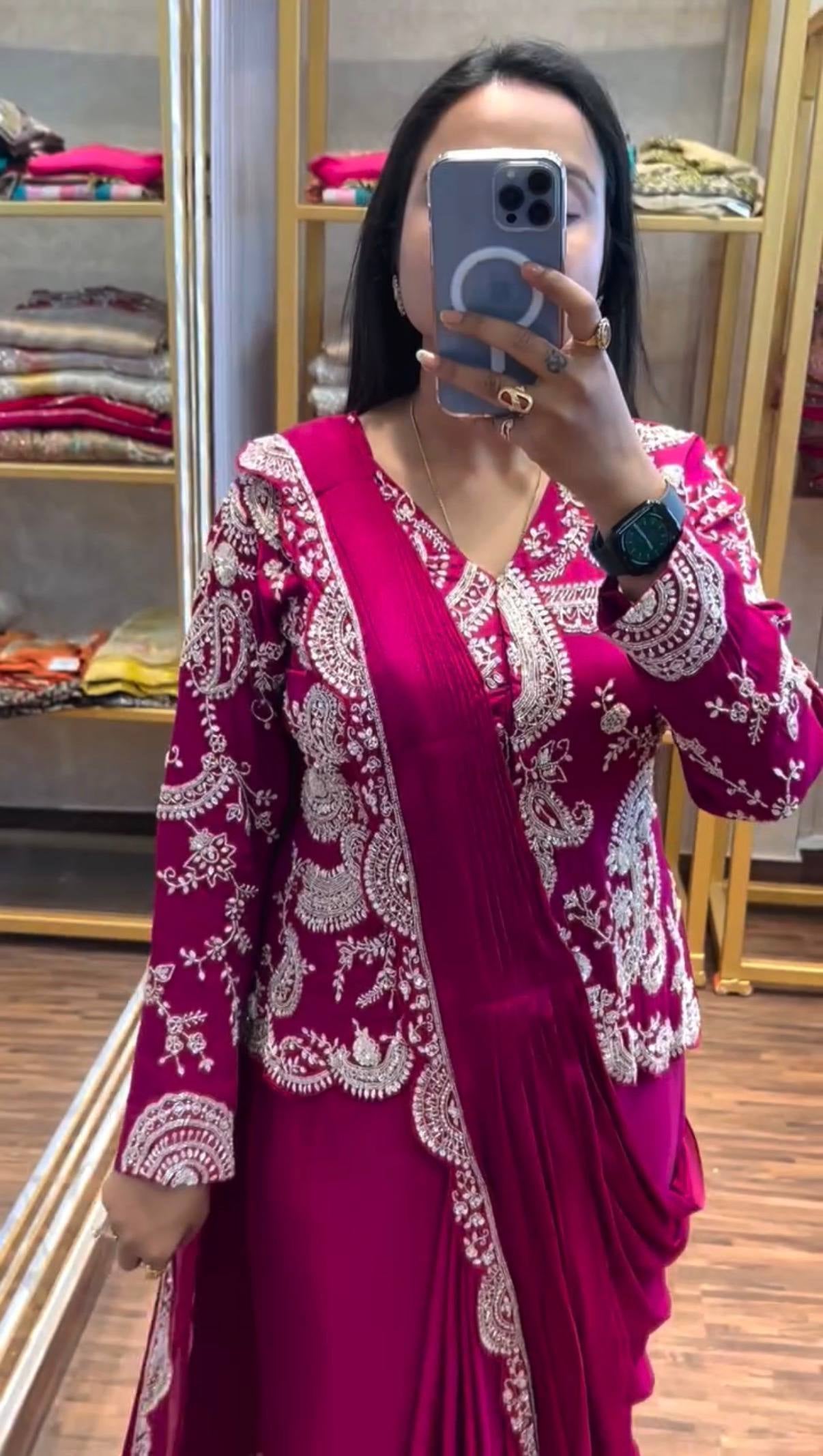 Womenline Wine Red Embroidered Pre-Draped Saree Set with Designer Jacket Blouse