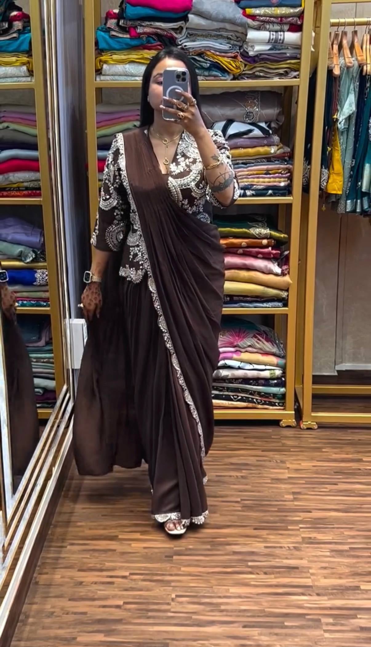 Womenline Chocolate Brown Embroidered Pre-Draped Saree Set with Statement Jacket Blouse