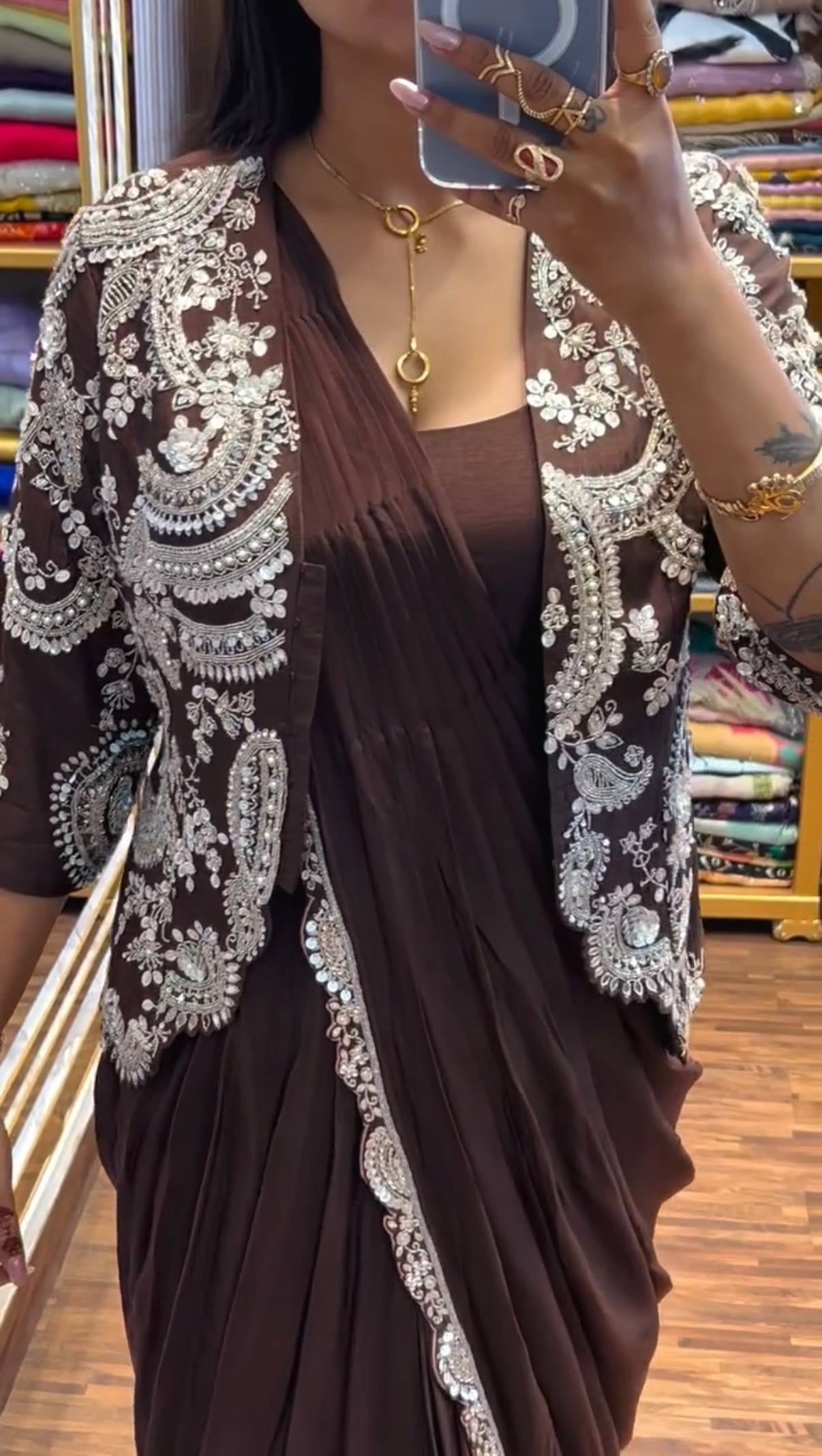 Womenline Chocolate Brown Embroidered Pre-Draped Saree Set with Statement Jacket Blouse