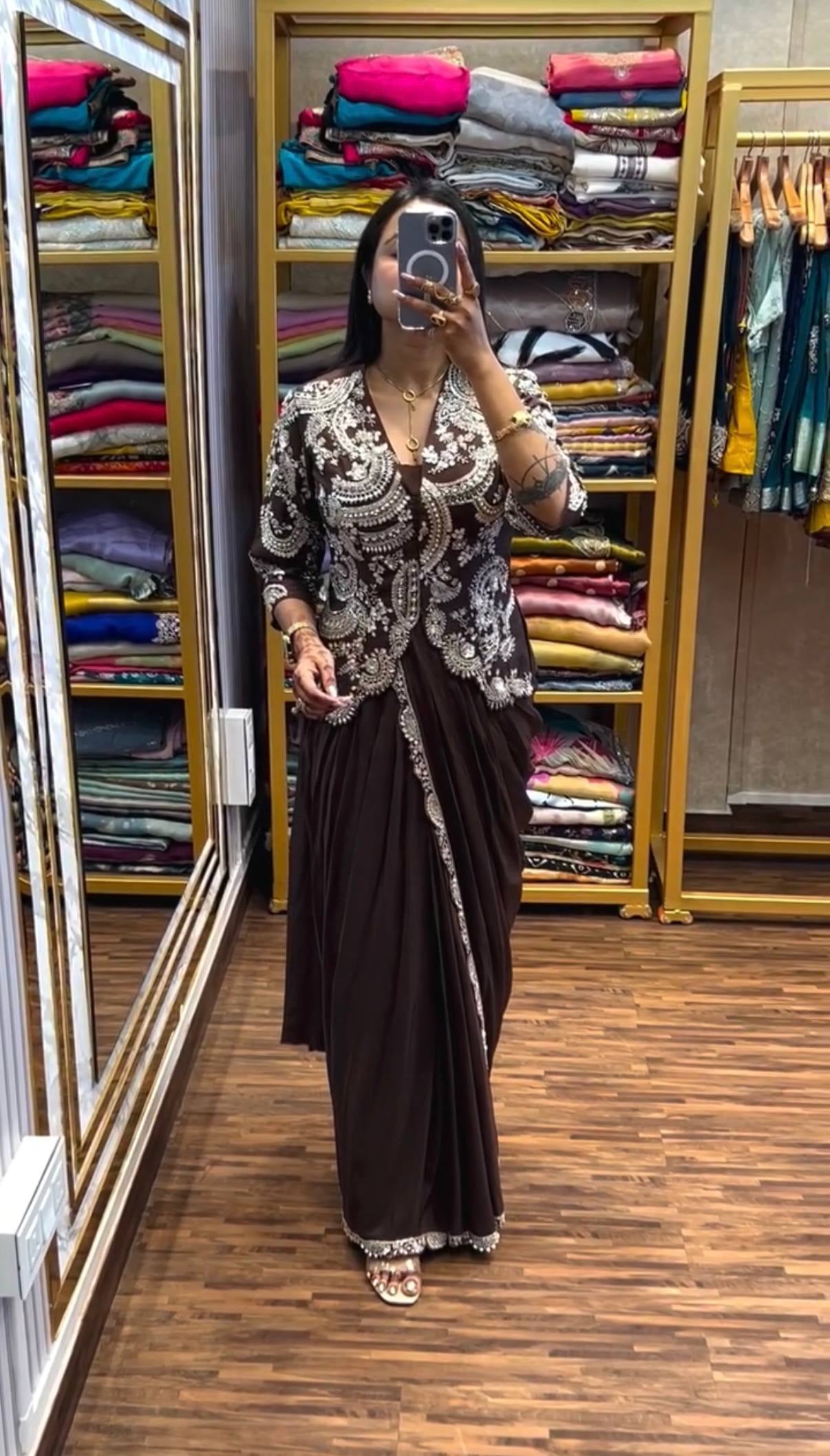 Womenline Chocolate Brown Embroidered Pre-Draped Saree Set with Statement Jacket Blouse