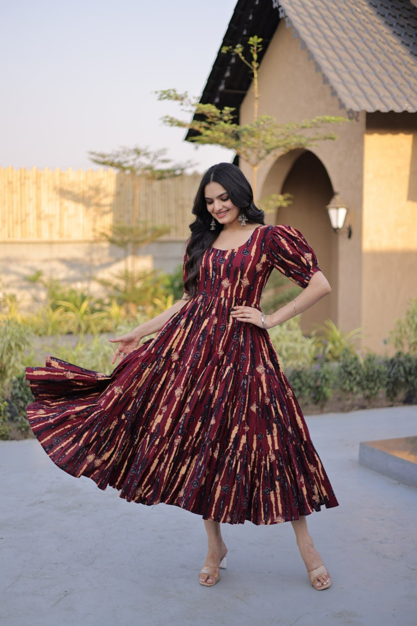 Womenline Maroon Color Printed Tiered Designer Tunic
