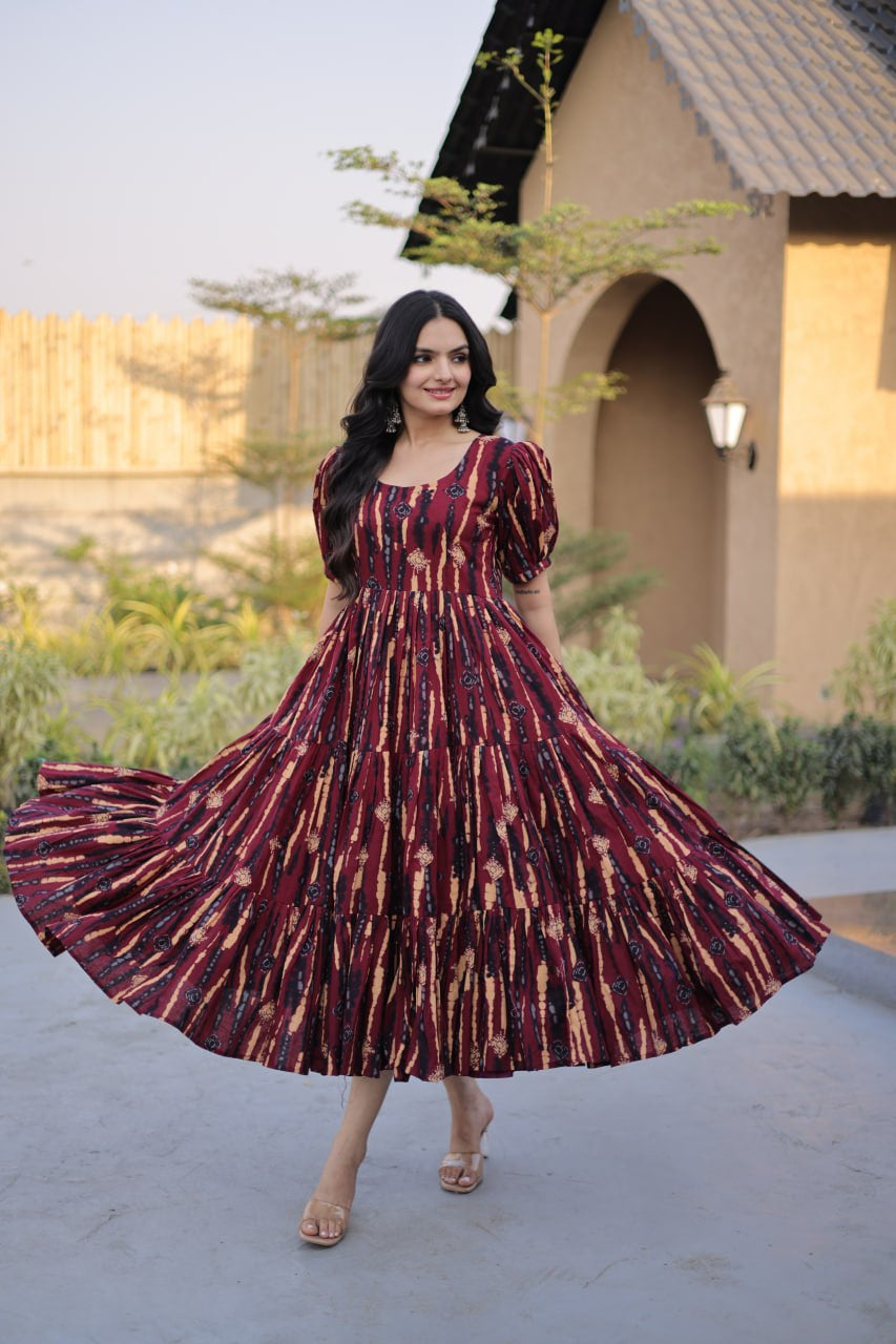 Womenline Maroon Color Printed Tiered Designer Tunic