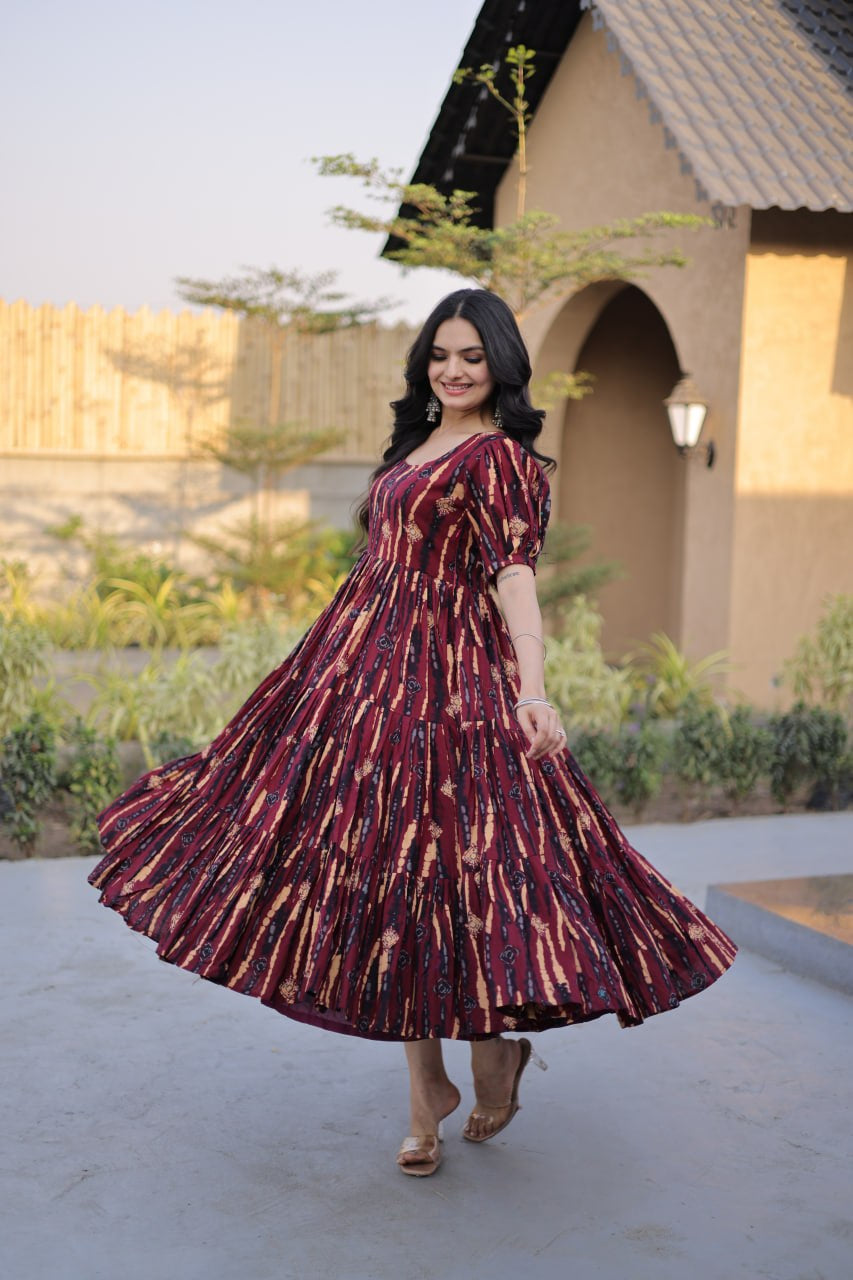 Womenline Maroon Color Printed Tiered Designer Tunic