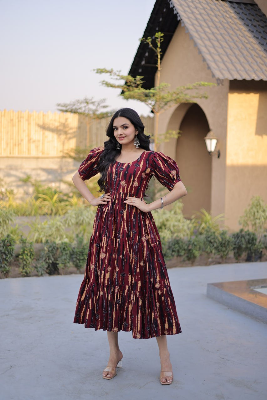 Womenline Maroon Color Printed Tiered Designer Tunic