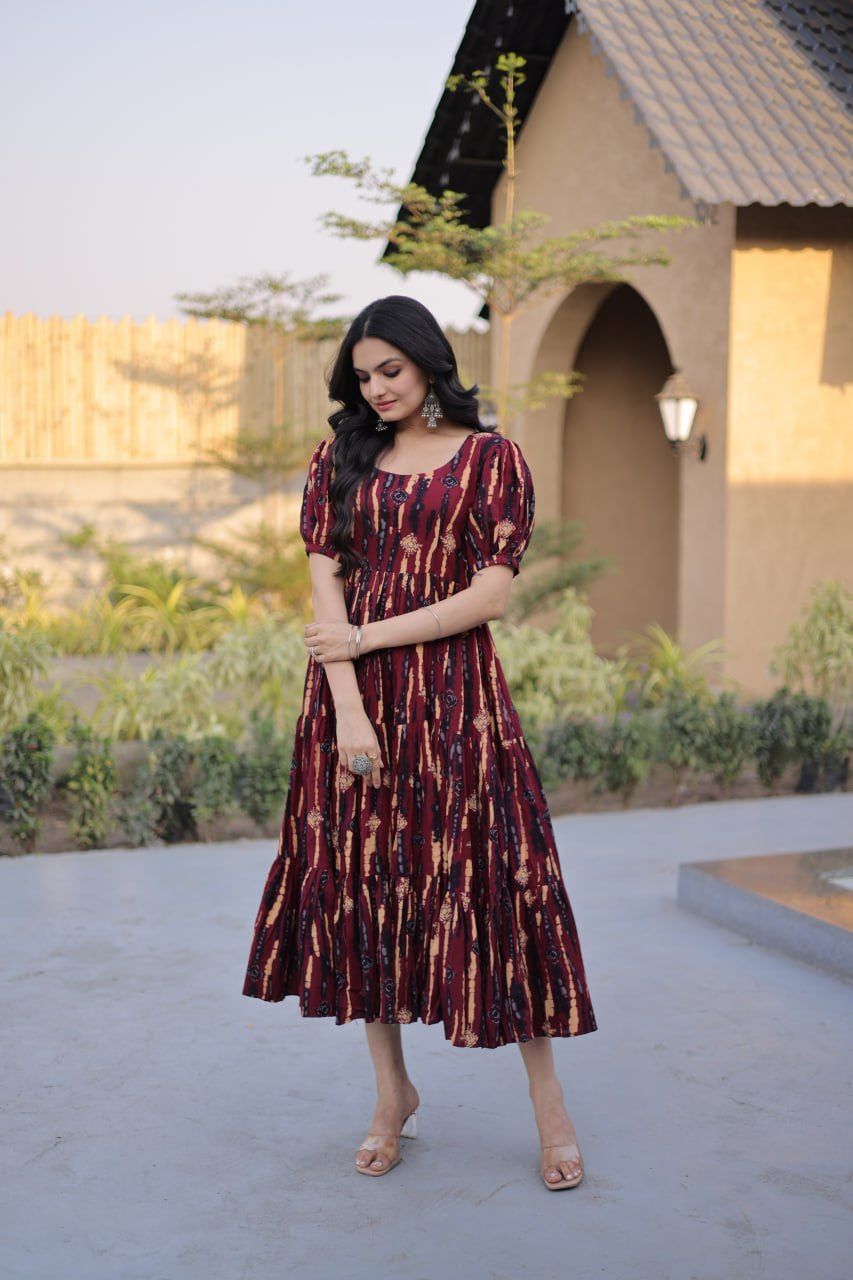 Womenline Maroon Color Printed Tiered Designer Tunic